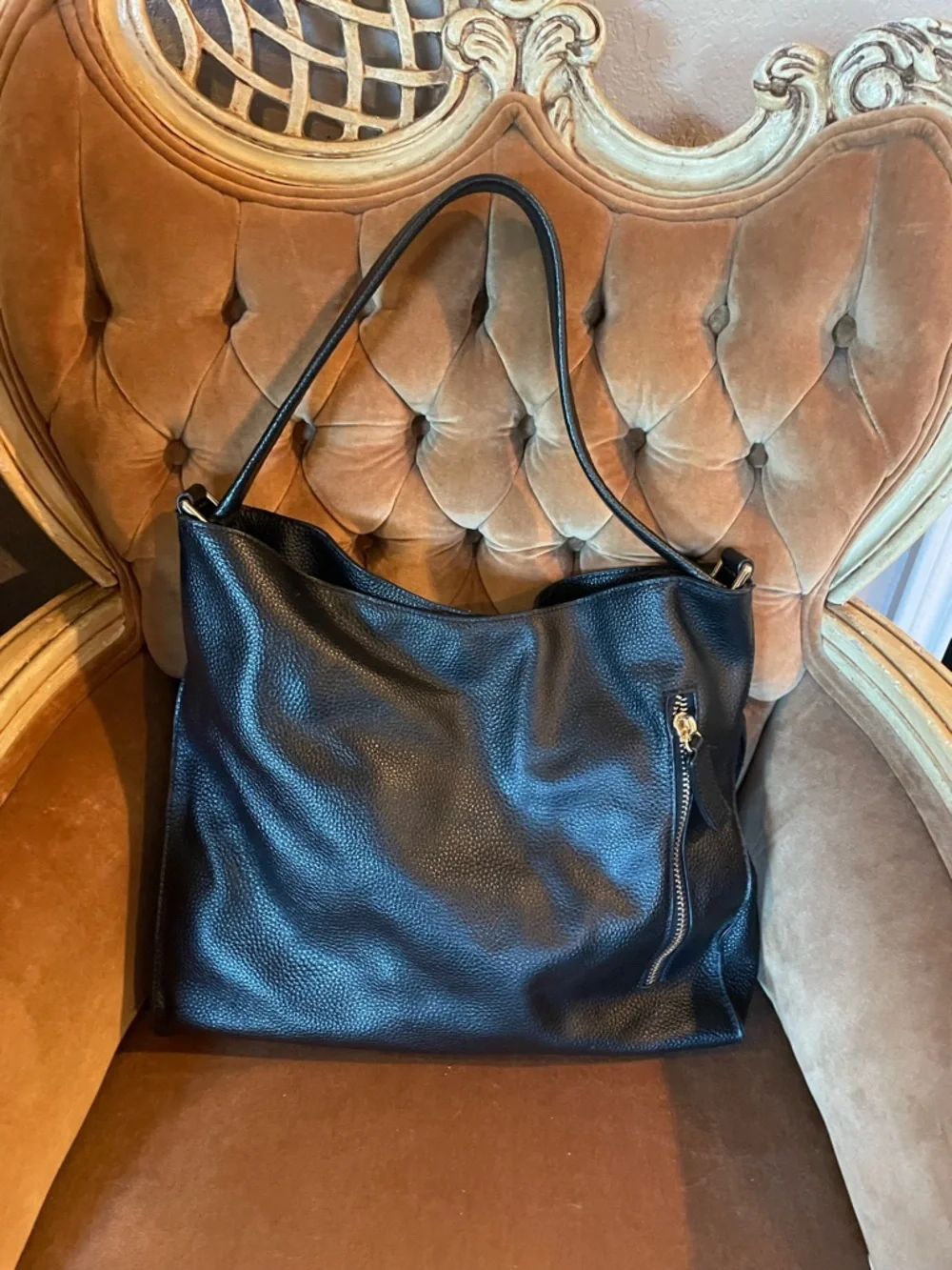 Classic Black Pebbled Leather Hobo Shoulder Bag Tote Le Monde